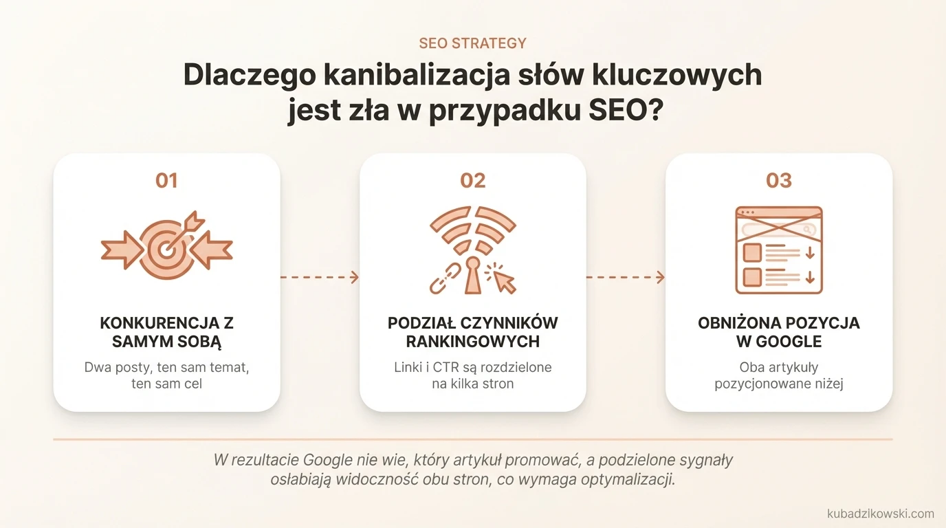 Infografika: negatywne skutki kanibalizacji słów kluczowych w SEO – konkurencja z sobą i dezorientacja Google.