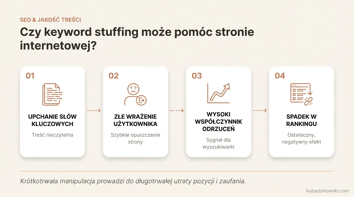 Infografika: Keyword stuffing nie pomaga w SEO, szkodzi rankingom i czytelności strony.