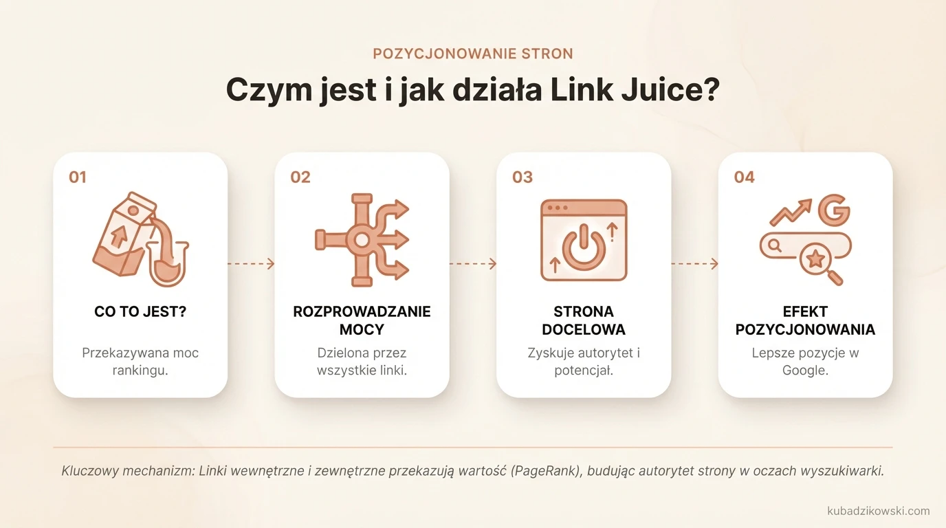 Schemat działania Link Juice: jak linki w blogach wspierają SEO i nawigację użytkownika.