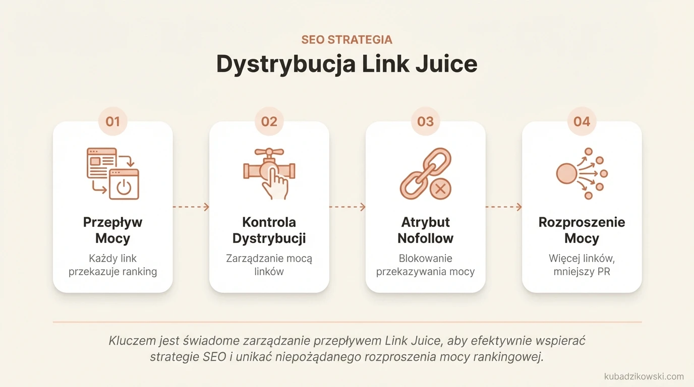 Wizualizacja dystrybucji Link Juice: jak linki przekazują moc rankingową i jak można to kontrolować.