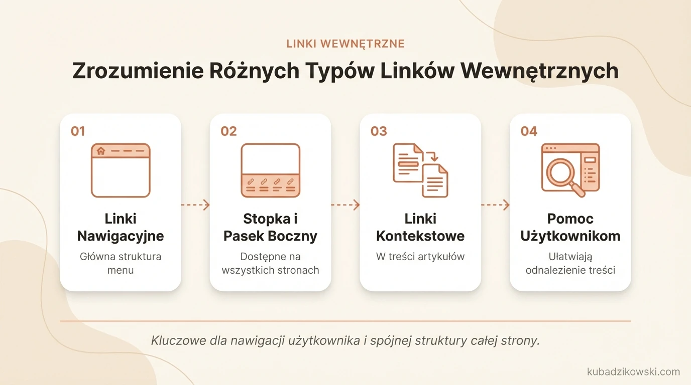 Infografika prezentująca różne typy linków wewnętrznych: nawigacyjne, stopki, kontekstowe i paska bocznego.