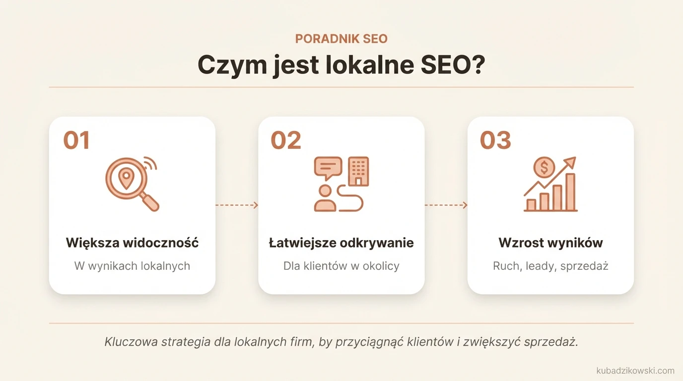 Infografika: definicja lokalnego SEO, strategie zwiększające widoczność firm i ułatwiające klientom ich znalezienie.