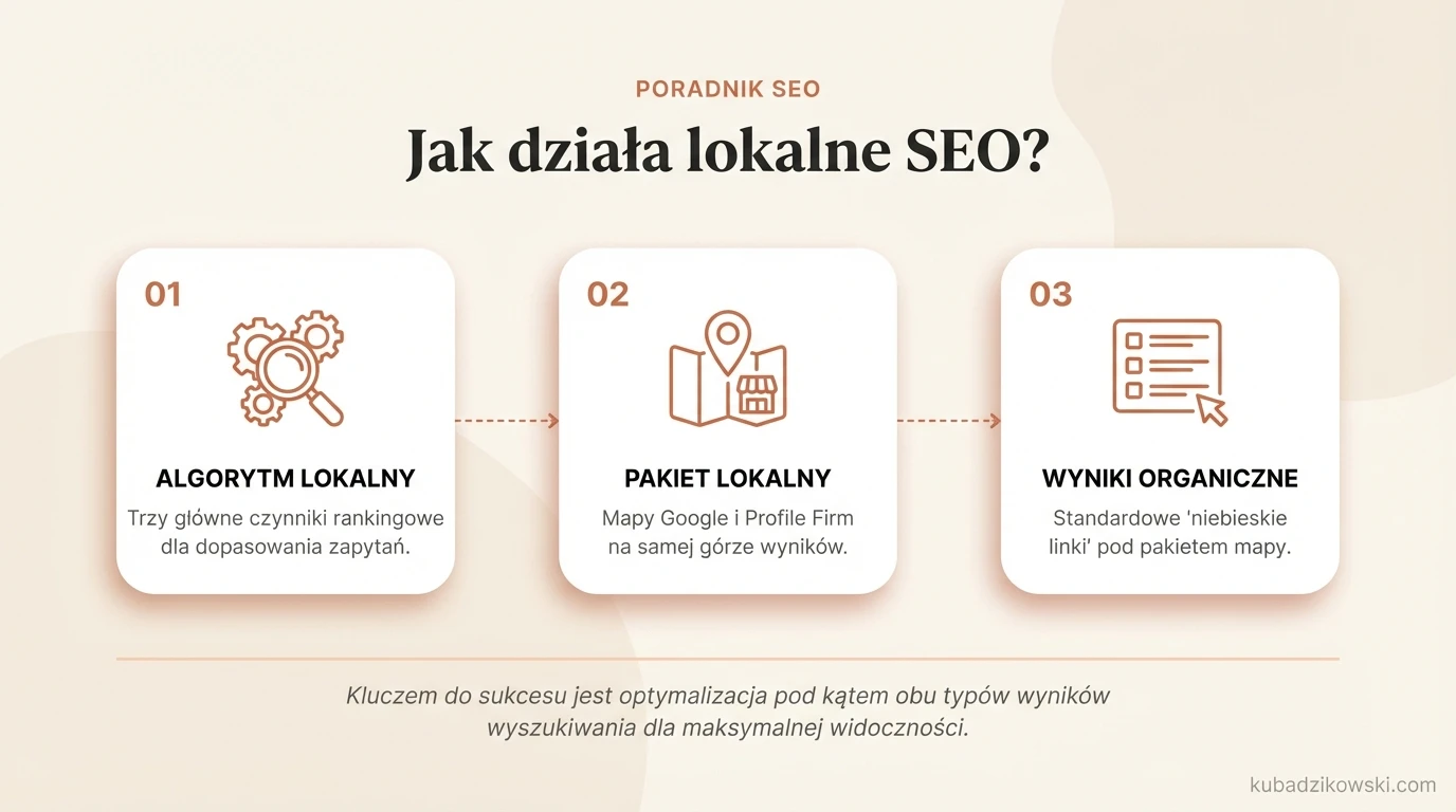 Infografika: Wyjaśnienie algorytmu lokalnego SEO. Pokazuje 3 główne czynniki rankingowe i 2 typy wyników (pakiet lokalny).