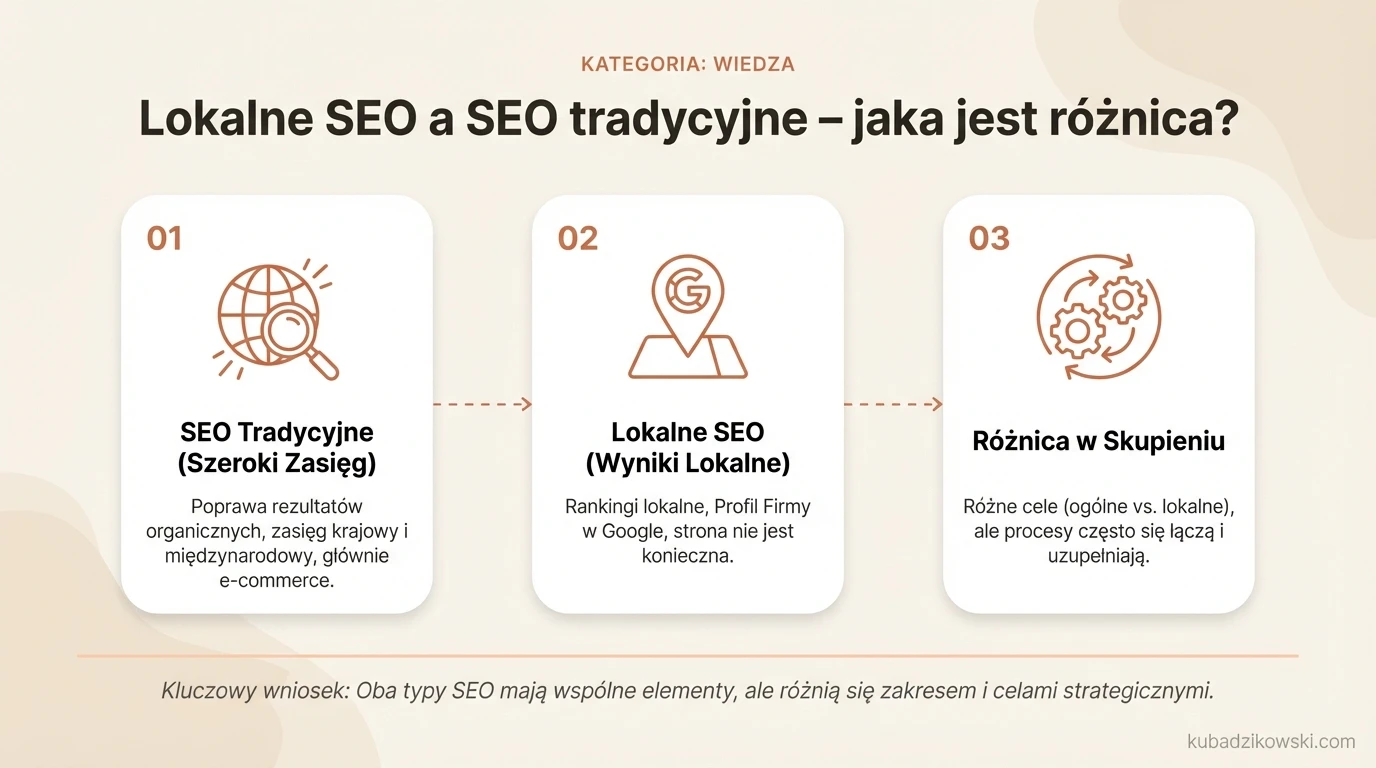 Infografika przedstawiająca kluczowe różnice między lokalnym a tradycyjnym SEO, ich cele i zakres działań.