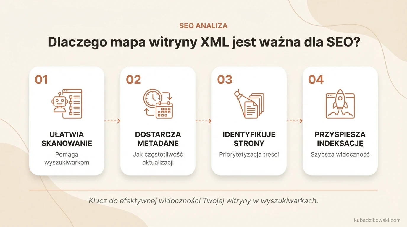 Infografika: Mapa XML w SEO – ułatwia robotom skanowanie i indeksowanie witryny.