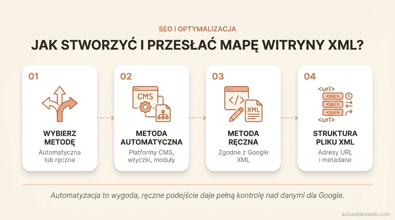 Infografika: Krok po kroku, jak tworzyć i przesyłać mapę witryny XML, z uwzględnieniem metod automatycznych i ręcznych.