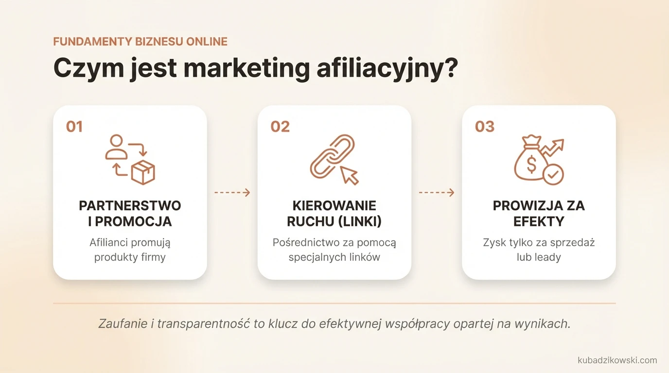 Infografika: model marketingu afiliacyjnego, wyjaśniająca role reklamodawcy, afilianta i klienta.
