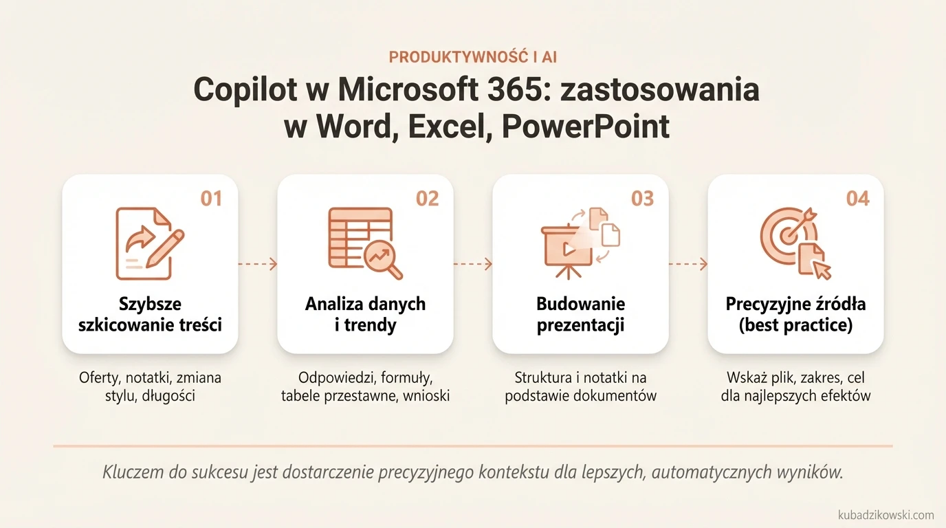 Infografika: Copilot w M365 usprawnia pracę w Word, Excel, PowerPoint. Tworzy szkice tekstów i analizuje dane.