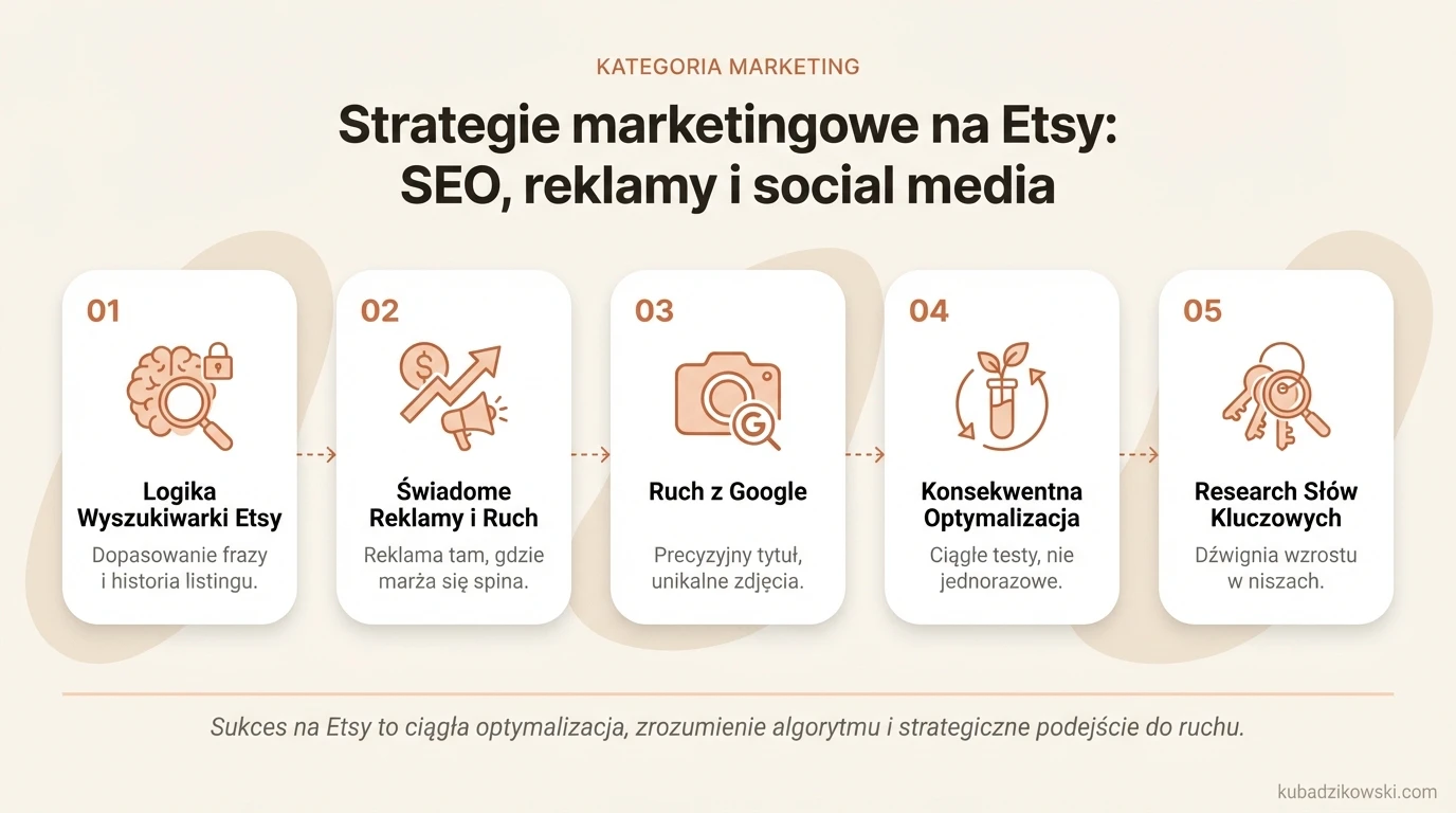 Infografika o strategiach marketingowych Etsy: SEO, reklamy i media społecznościowe dla zwiększenia sprzedaży.