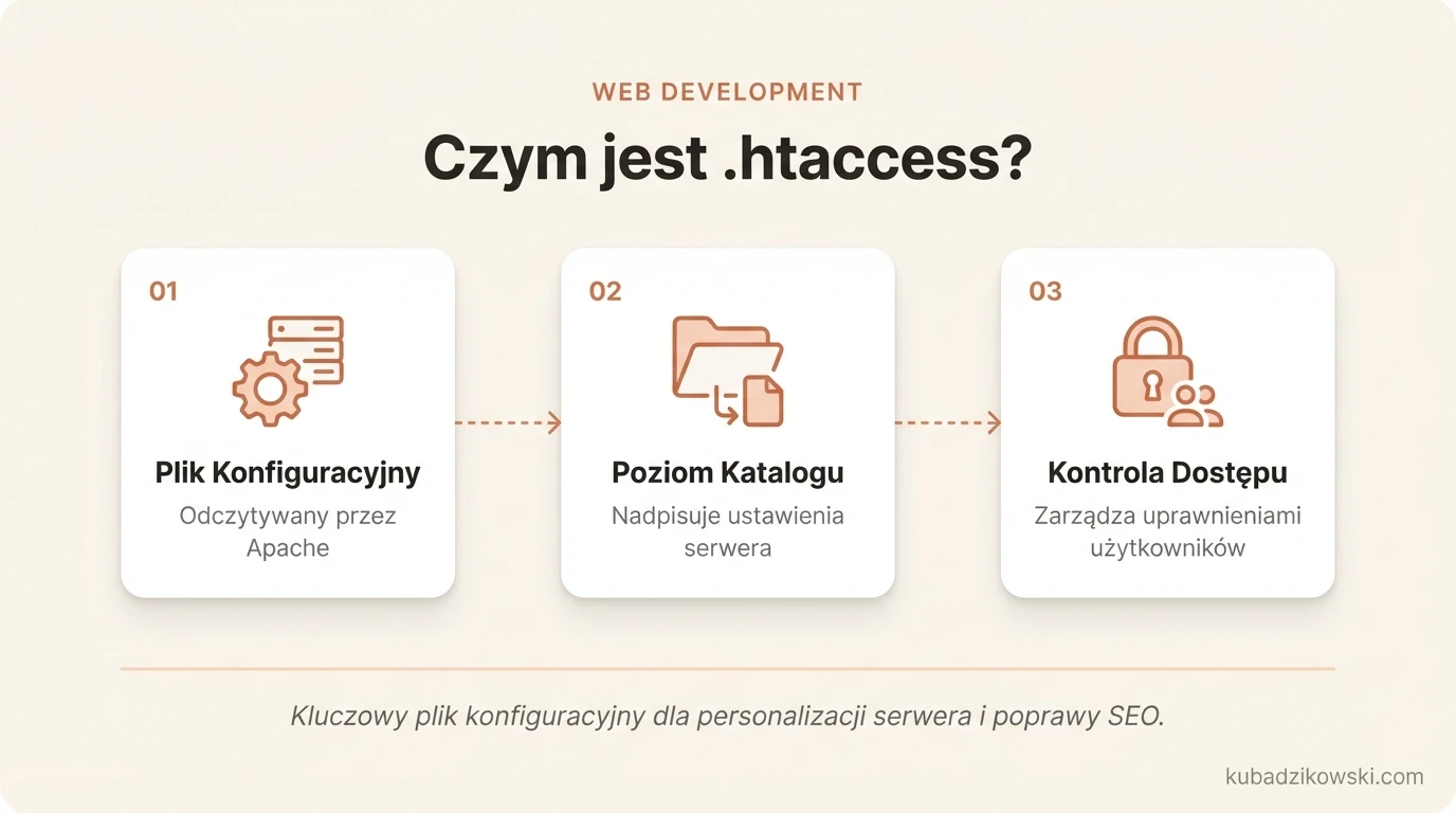 Infografika: .htaccess to plik konfiguracyjny Apache na Unix, aktywujący funkcje na poziomie katalogu.
