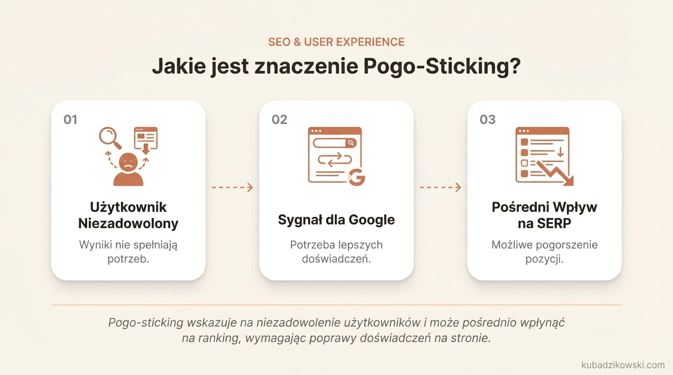Infografika: Pogo-sticking jako sygnał niezadowolenia użytkowników z wyników wyszukiwania i ich niespełnionych potrzeb.