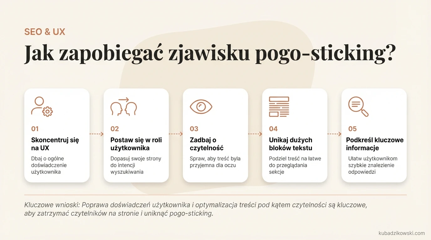 Infografika radzi, jak zapobiec pogo-sticking: dopasuj stronę do użytkownika i popraw UX (aktualizacja Google 2022).