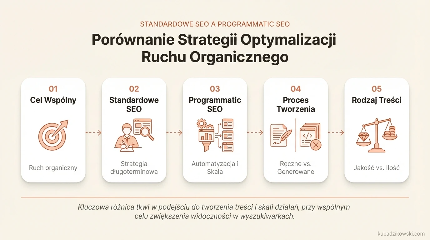 Infografika. Porównanie standardowego i programatycznego SEO, ich wspólnego celu (ruch organiczny) i odmiennych metod zwiększania widoczności.