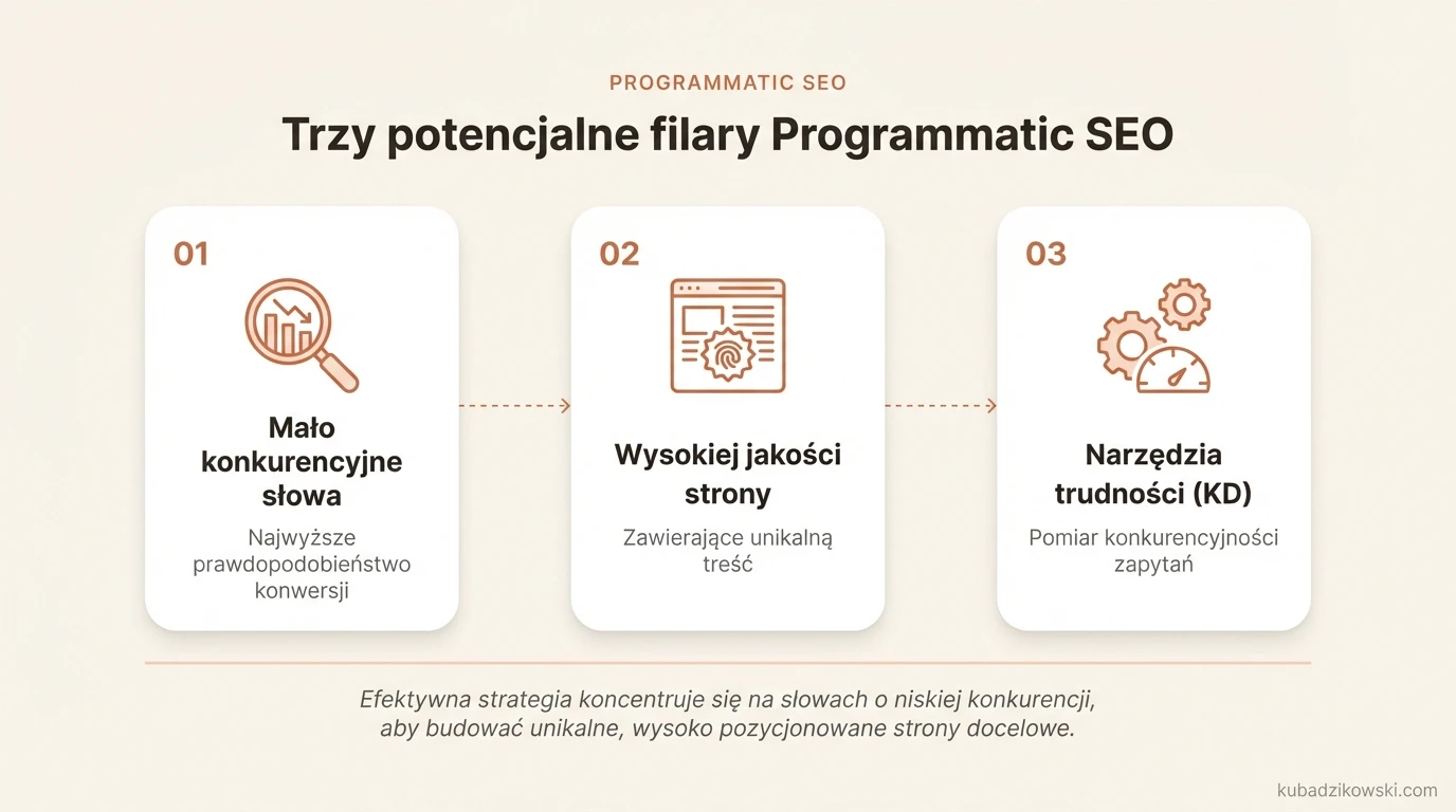 Wizualizacja trzech filarów Programmatic SEO: niskokonurencyjne słowa kluczowe, wysoka konwersja i unikalne strony.