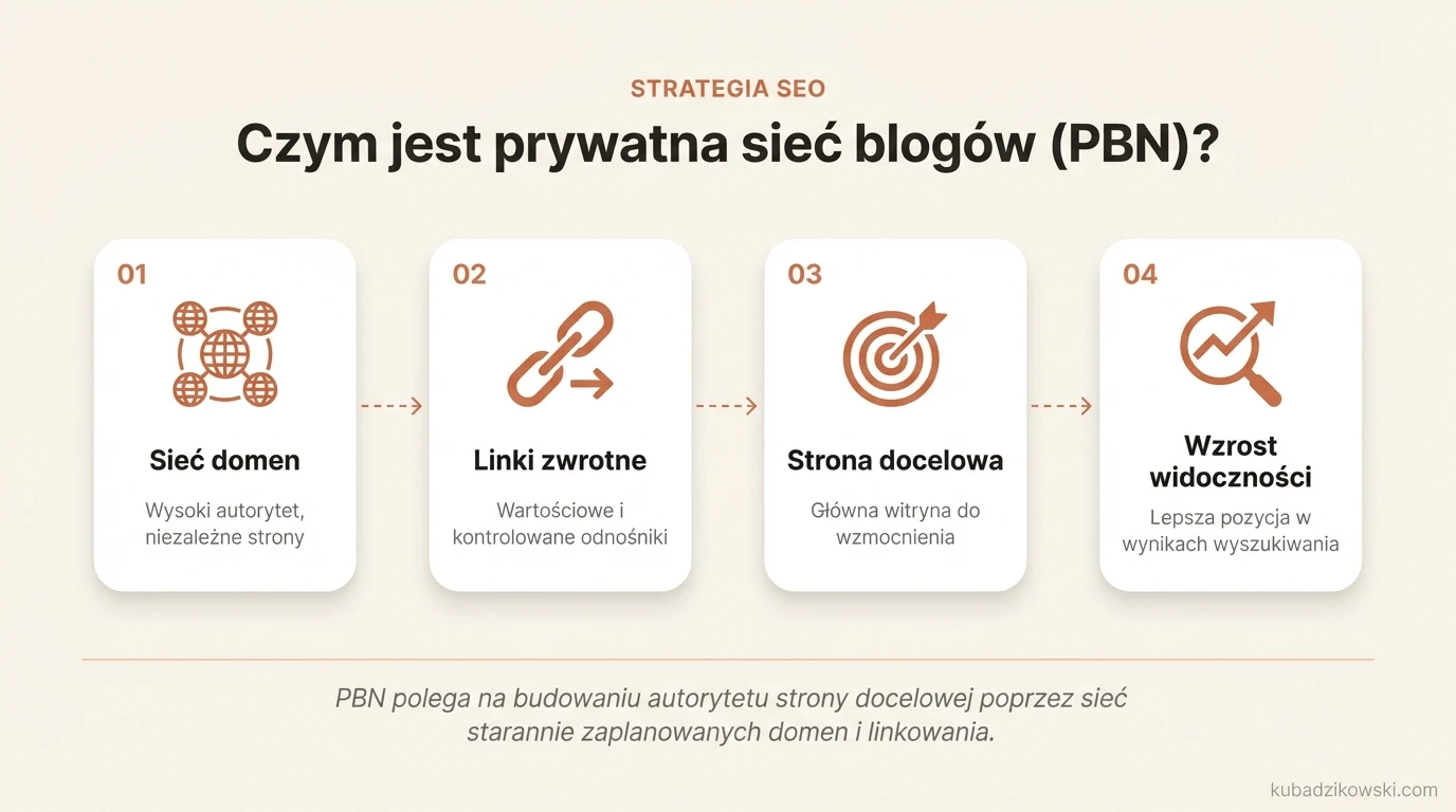 Infografika wyjaśnia czym jest PBN (Prywatna Sieć Blogów) i jej rolę w SEO, generowaniu linków zwrotnych.