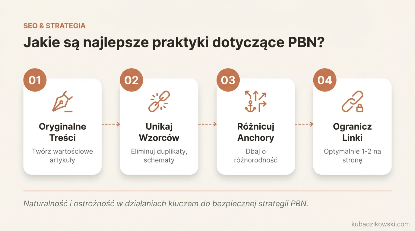 Infografika: najlepsze praktyki w zarządzaniu PBN, minimalizujące ryzyko i zwiększające efektywność, np. oryginalne treści.