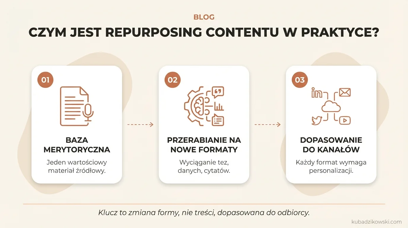 Infografika: proces przerabiania jednego materiału na wiele nowych publikacji pod różne kanały.