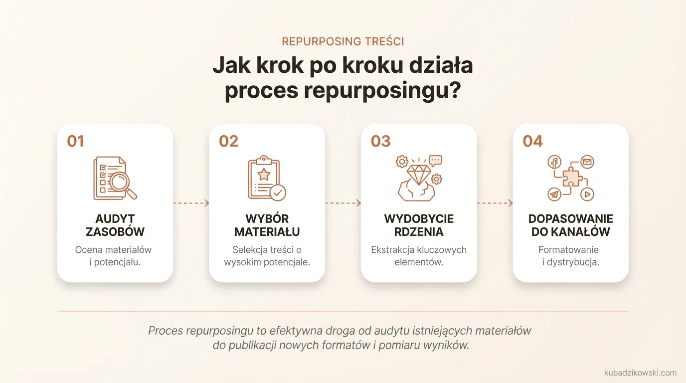 Infografika prezentująca etapy repurposingu treści, od oceny materiałów po nowe formaty i pomiar wyników.