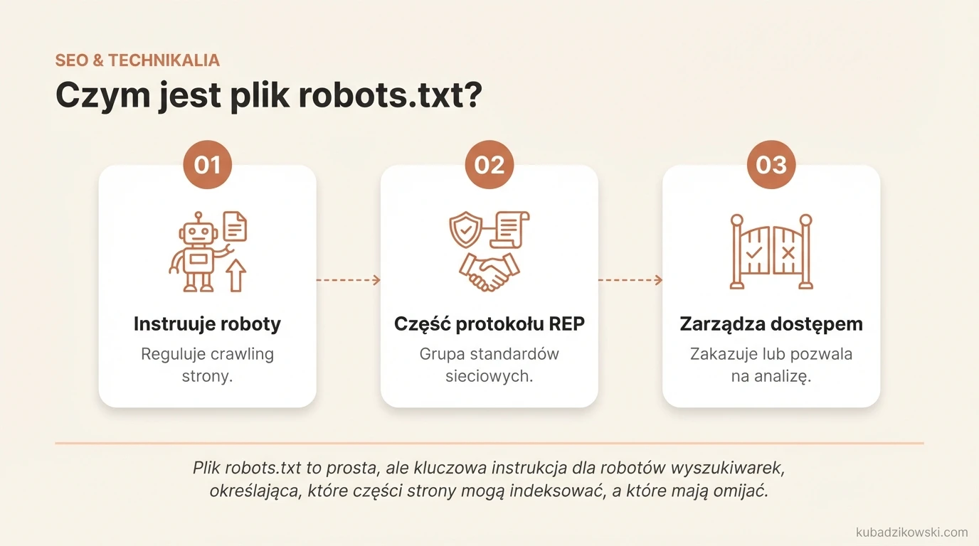 Infografika opisuje plik robots.txt – tekstową instrukcję dla robotów wyszukiwarek, regulującą crawling stron (część REP).
