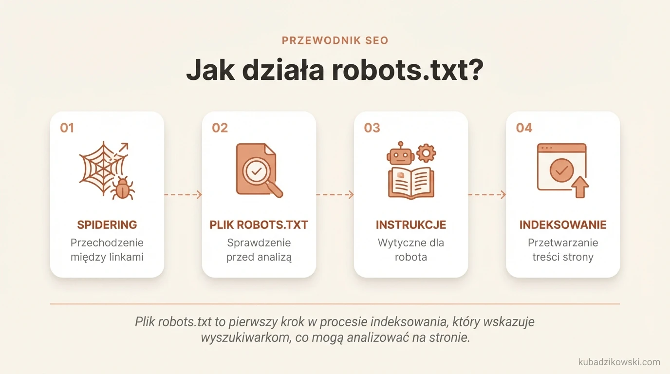 Infografika ilustrująca proces skanowania stron przez roboty wyszukiwarek i rolę pliku robots.txt.