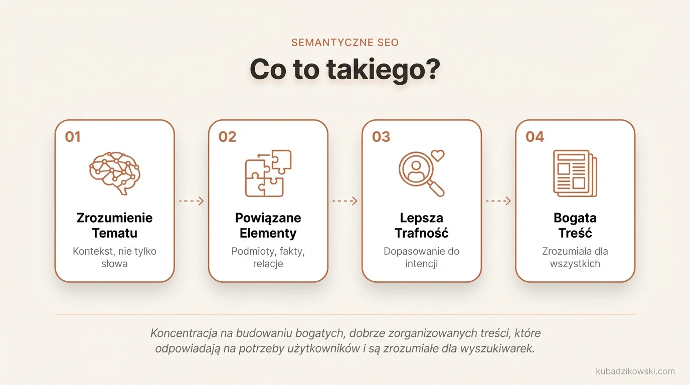 Infografika przedstawia semantyczne SEO: Tworzenie treści z naciskiem na kontekst i zrozumienie tematu, a nie pojedynczych słów kluczowych.