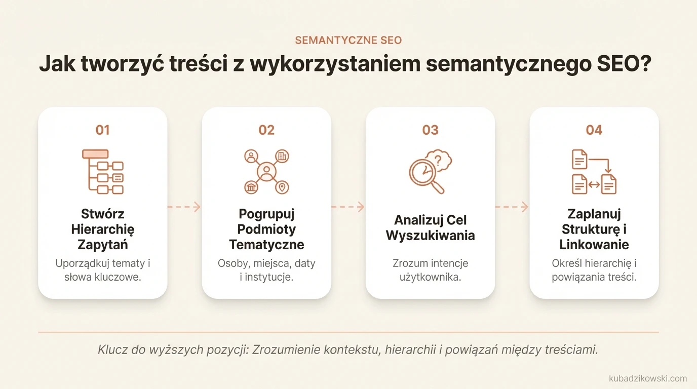 Wytyczne do tworzenia treści z semantycznym SEO, w tym budowanie hierarchii zapytań.