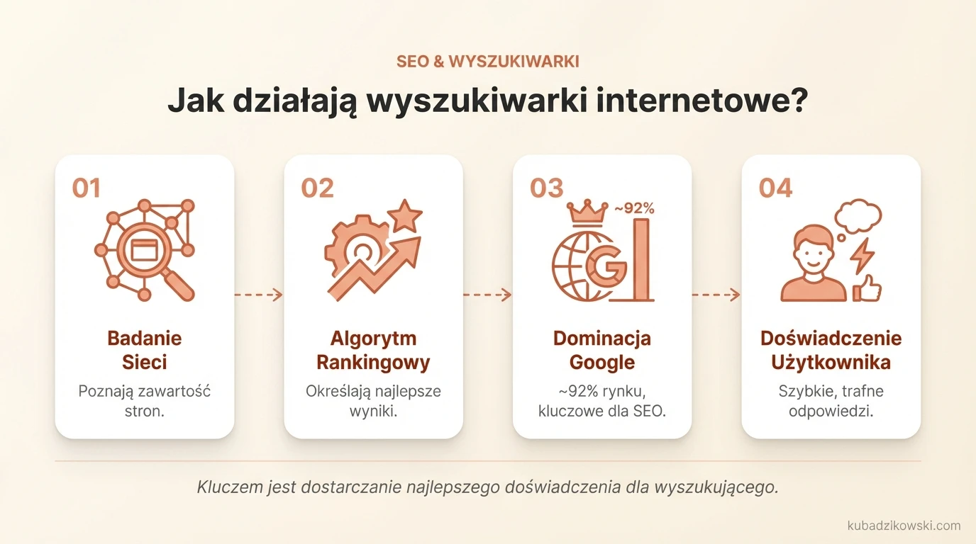 Infografika: Zasady działania wyszukiwarek internetowych, od zapytania użytkownika po algorytm rankingowy.