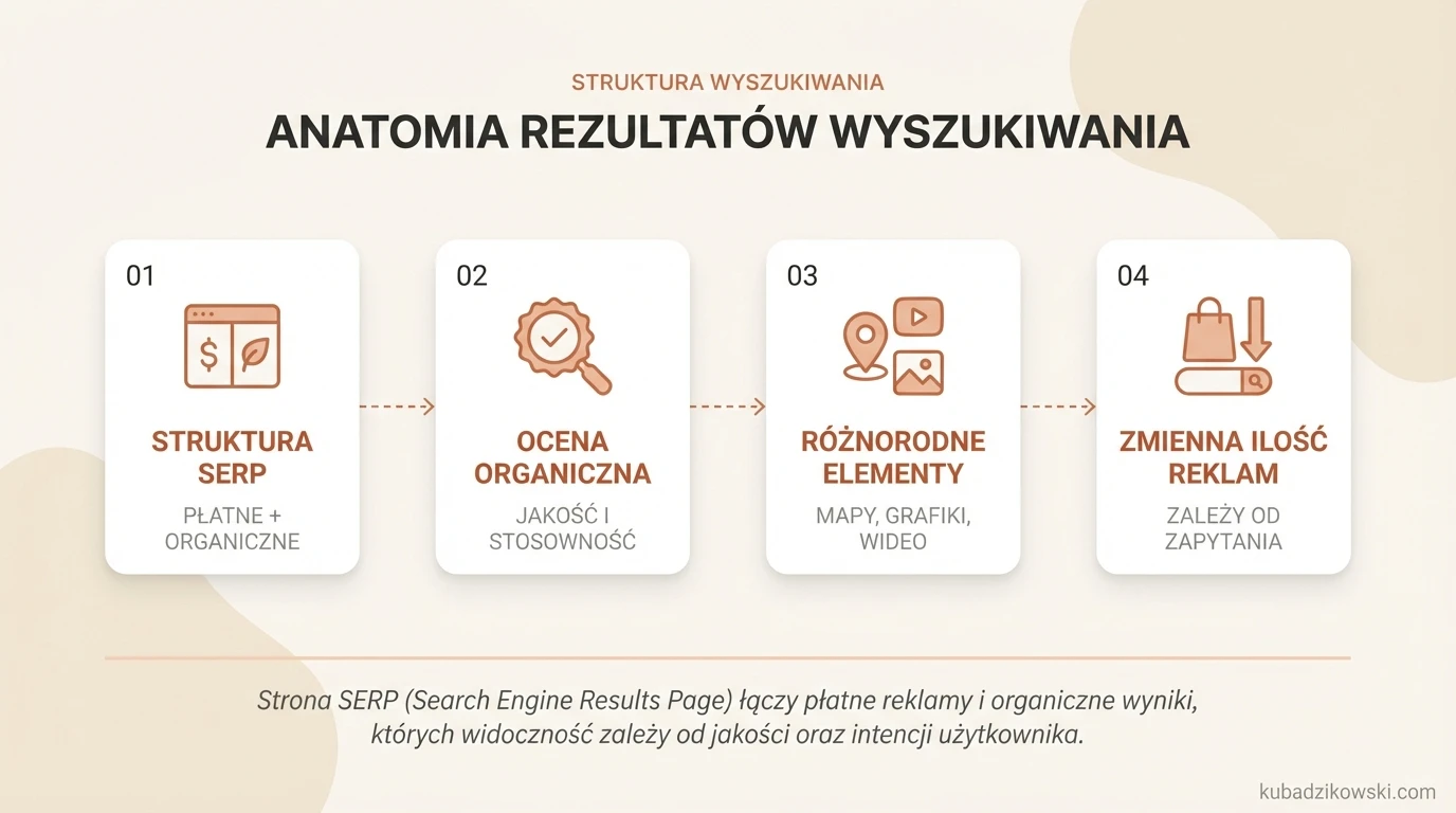 Infografika przedstawia budowę strony wyników wyszukiwania (SERP), rozróżniając wyniki płatne i organiczne.