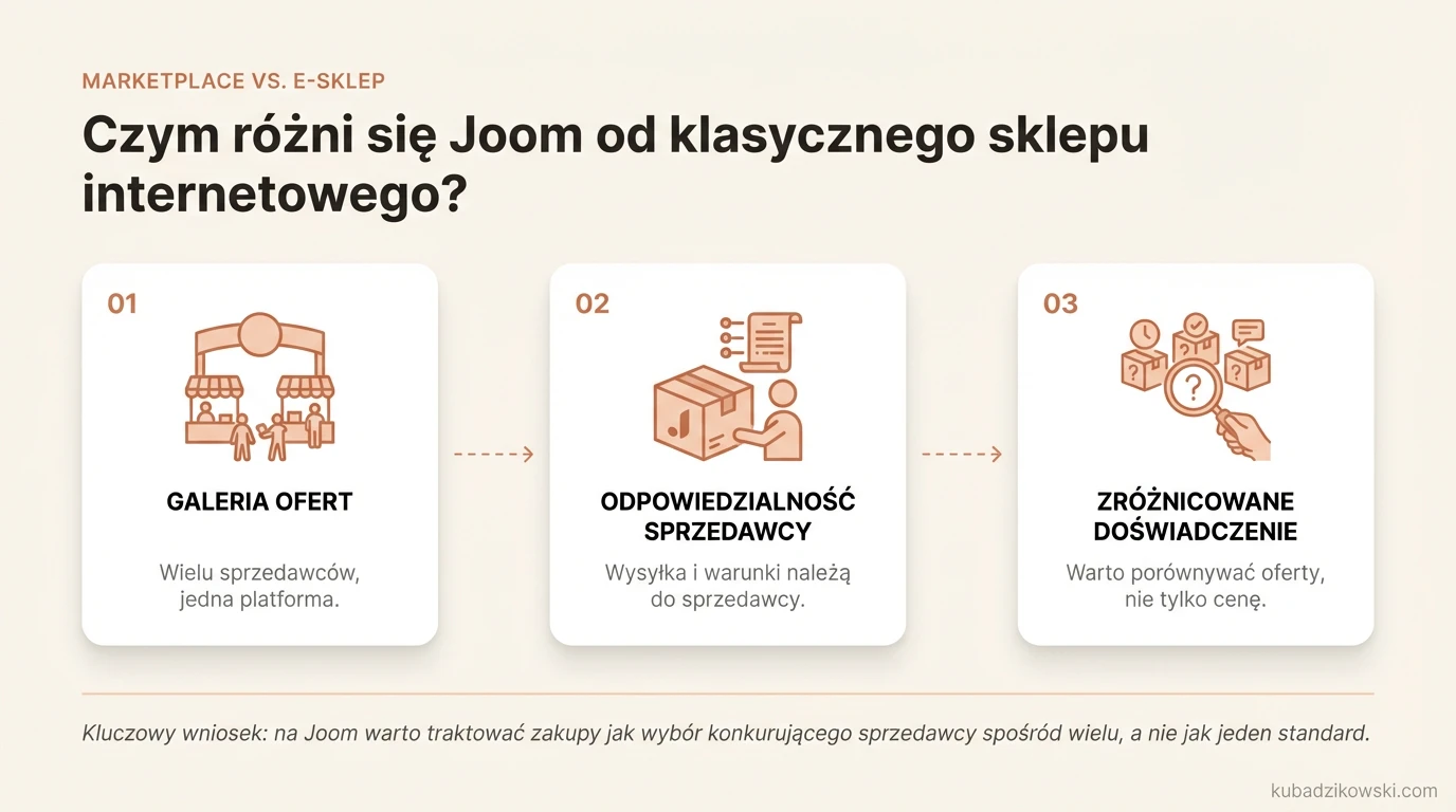 Infografika: Joom jako marketplace, porównanie z klasycznym sklepem internetowym, różnice w standardach i dostawie.