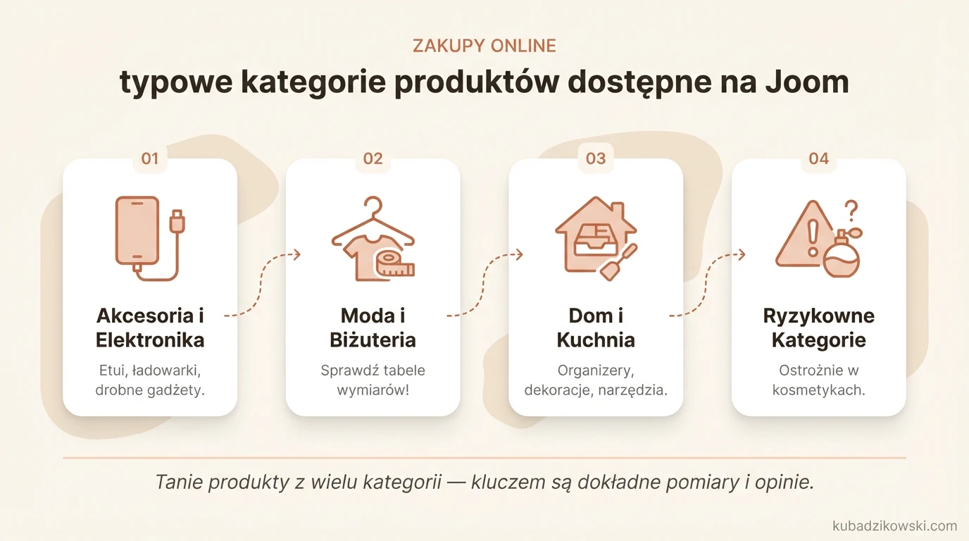 Infografika: Przegląd popularnych kategorii produktów dostępnych na Joom, m.in. akcesoria, elektronika i dom.
