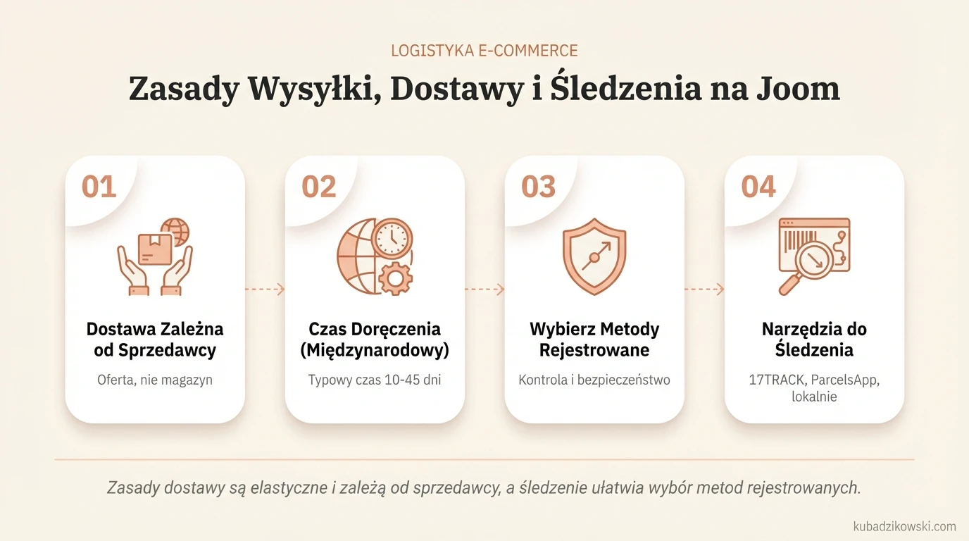 Zasady wysyłki Joom: czas, śledzenie i wpływ czynników (sprzedawca, kraj, transport).