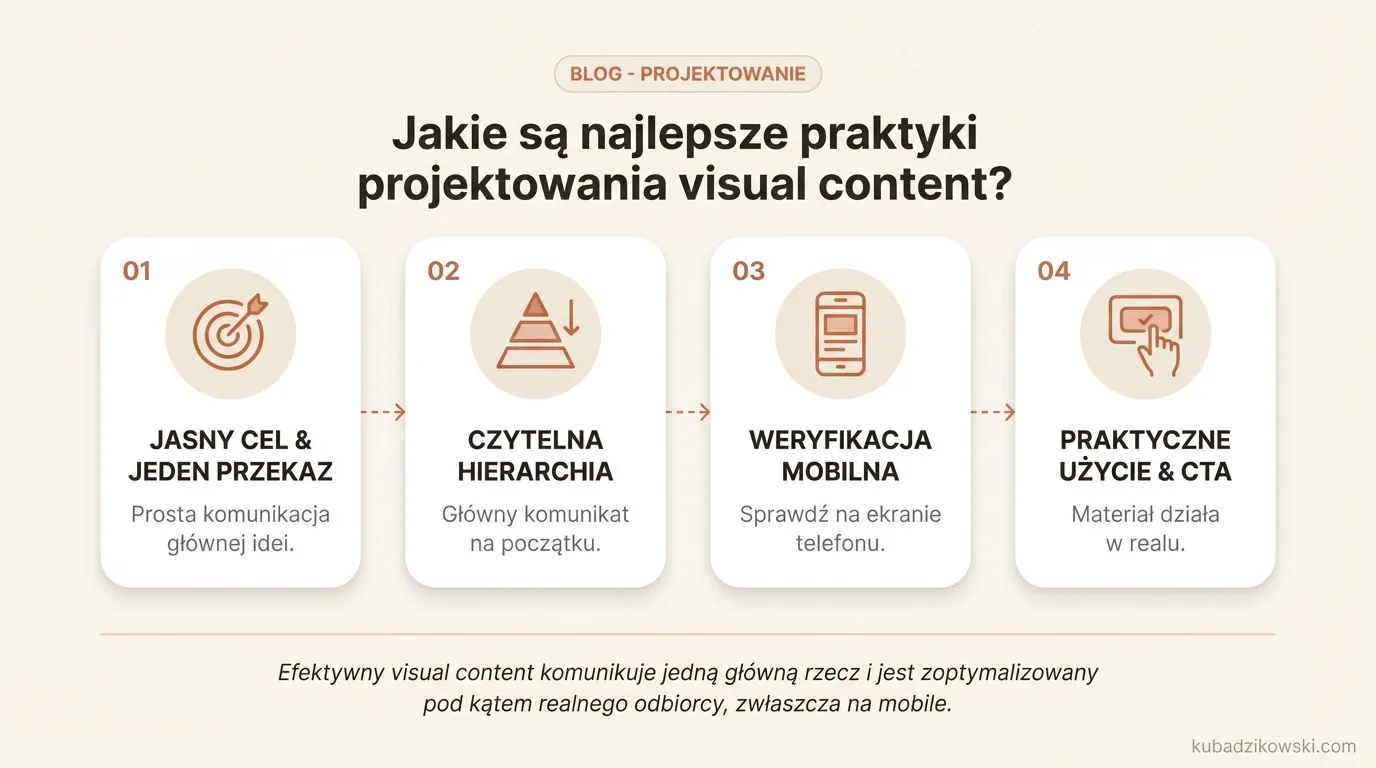 Infografika o kluczowych zasadach projektowania treści wizualnych: jasny cel, prosty przekaz, dopasowanie i użyteczność.