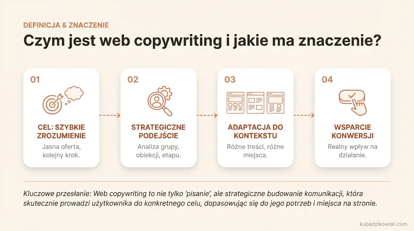 Infografika: web copywriting – tworzenie treści na strony WWW dla lepszego zrozumienia oferty i jasnych kroków dla użytkownika.