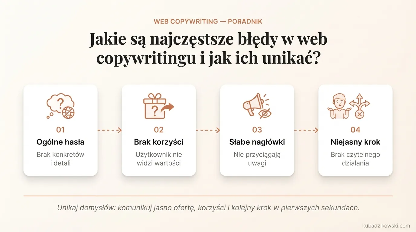 Infografika przedstawia najczęstsze błędy w web copywritingu: ogólnikowość, brak korzyści, słabe nagłówki, niejasne CTA.
