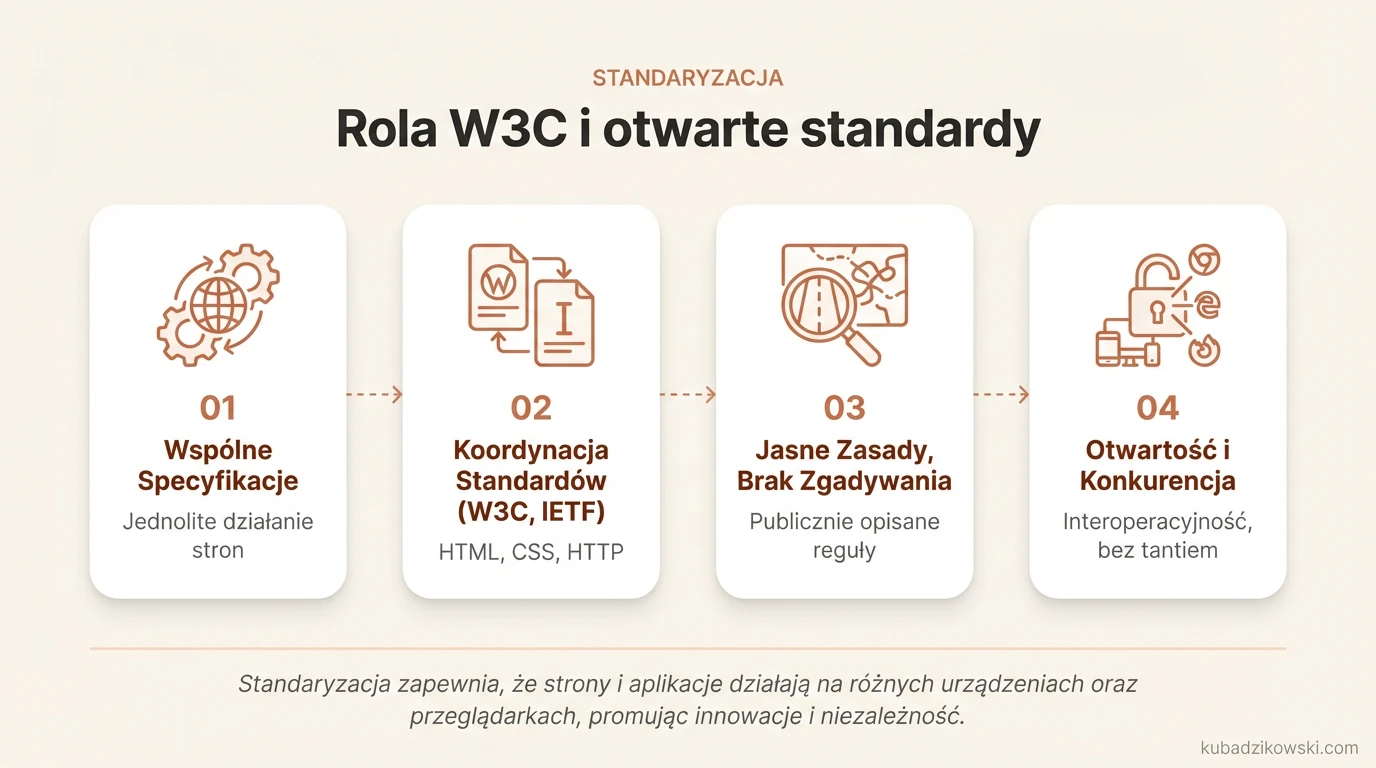Infografika o standaryzacji WWW: rola W3C, otwarte standardy i rozwój HTML.