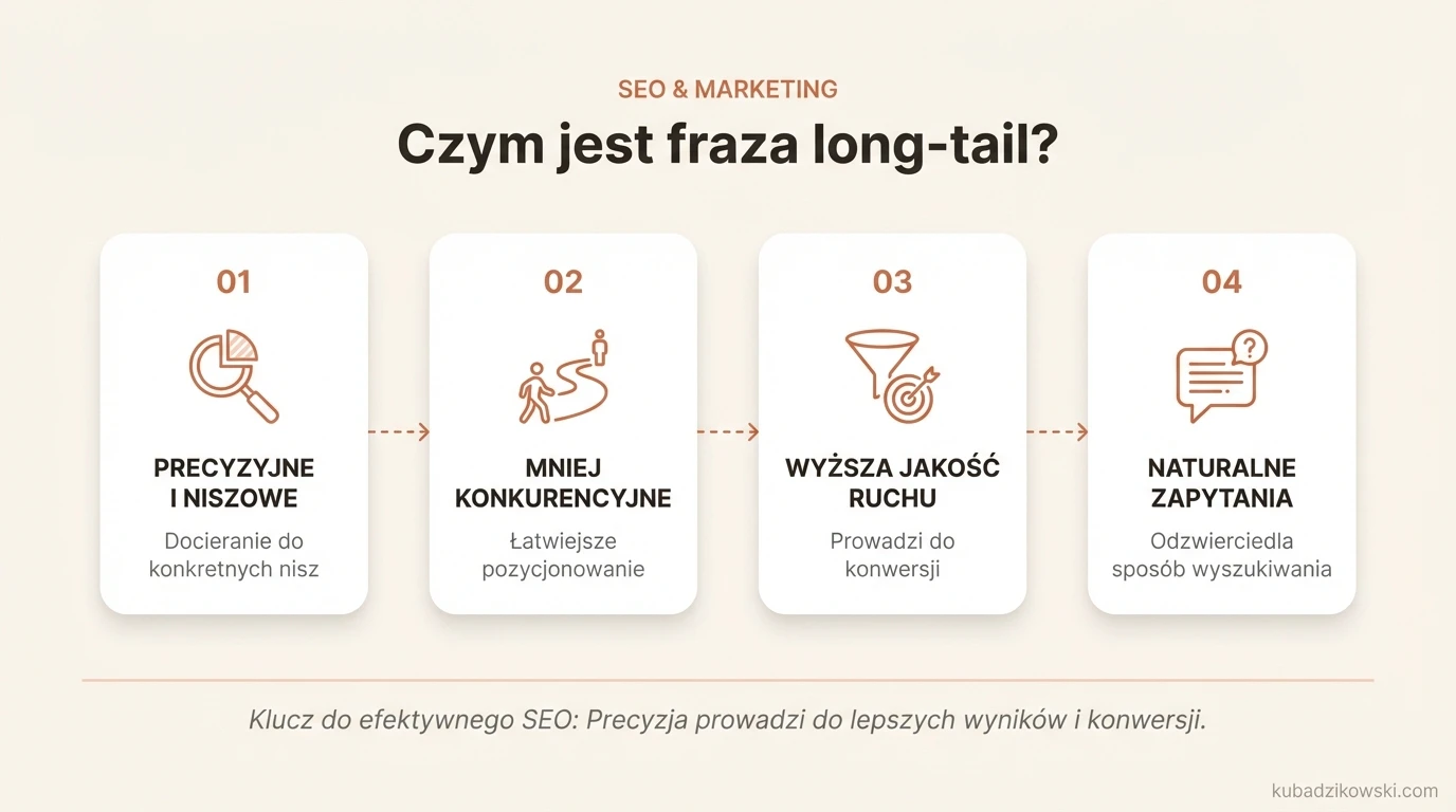 Infografika wyjaśnia, czym jest fraza long-tail: 3-5 słów, konkretna, dociera do niszy, niska konkurencja.
