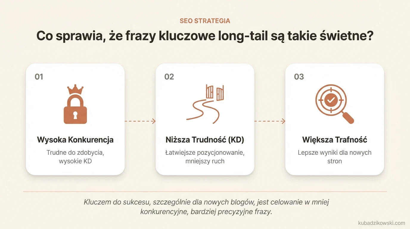 Infografika przedstawia 3 powody skuteczności fraz long-tail w SEO (przykład: blog kryptowalutowy).