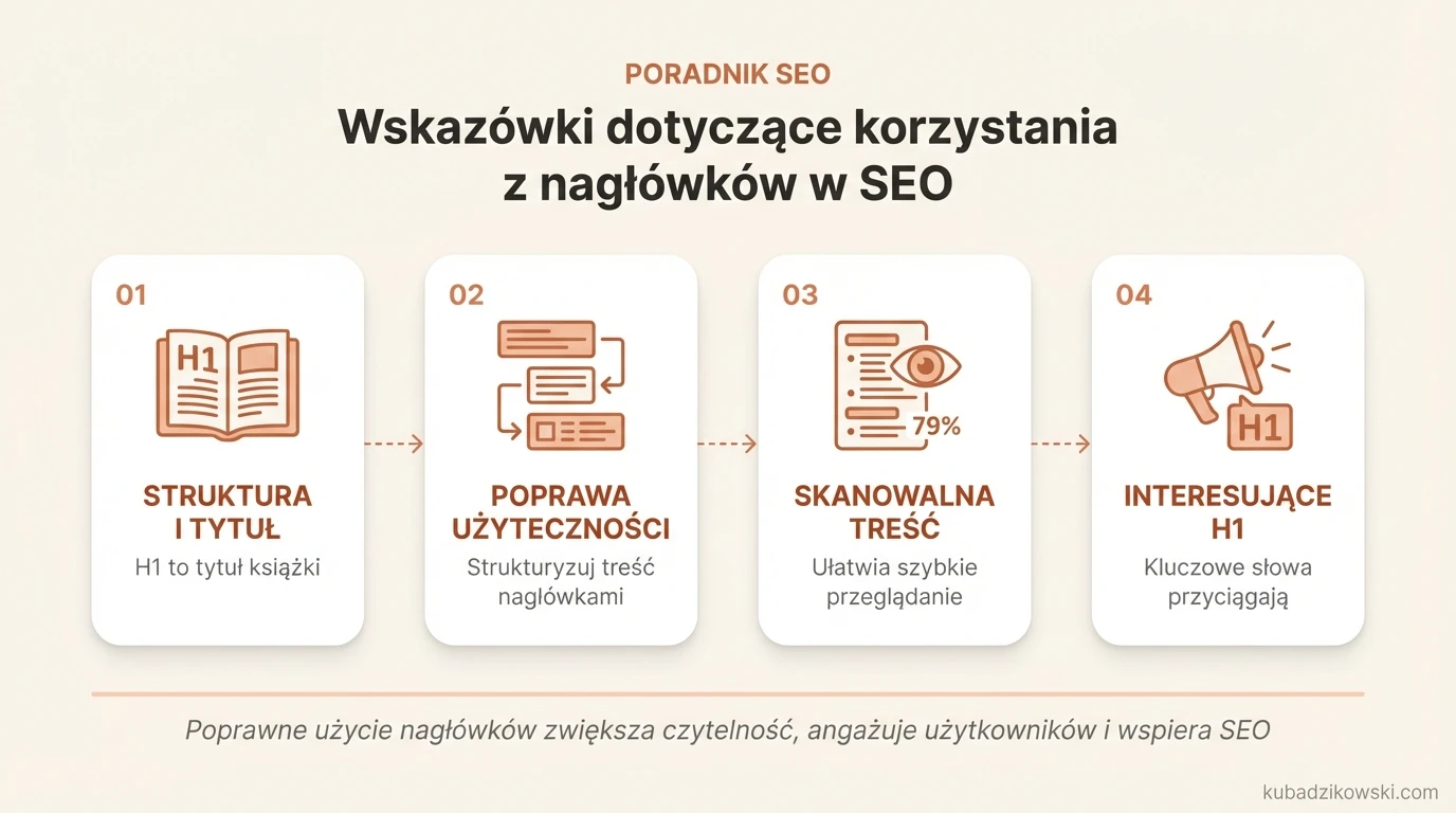 Infografika: Wskazówki SEO dotyczące nagłówków. Strukturyzacja treści, poprawa użyteczności i skanowalności dla użytkowników.