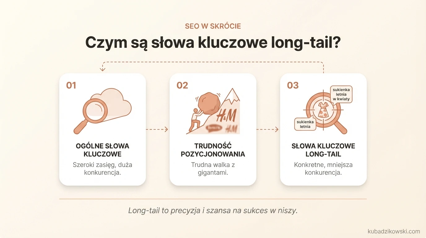 Wizualizacja: ogólne vs. długoogonowe słowa kluczowe (long-tail) i ich definicje.