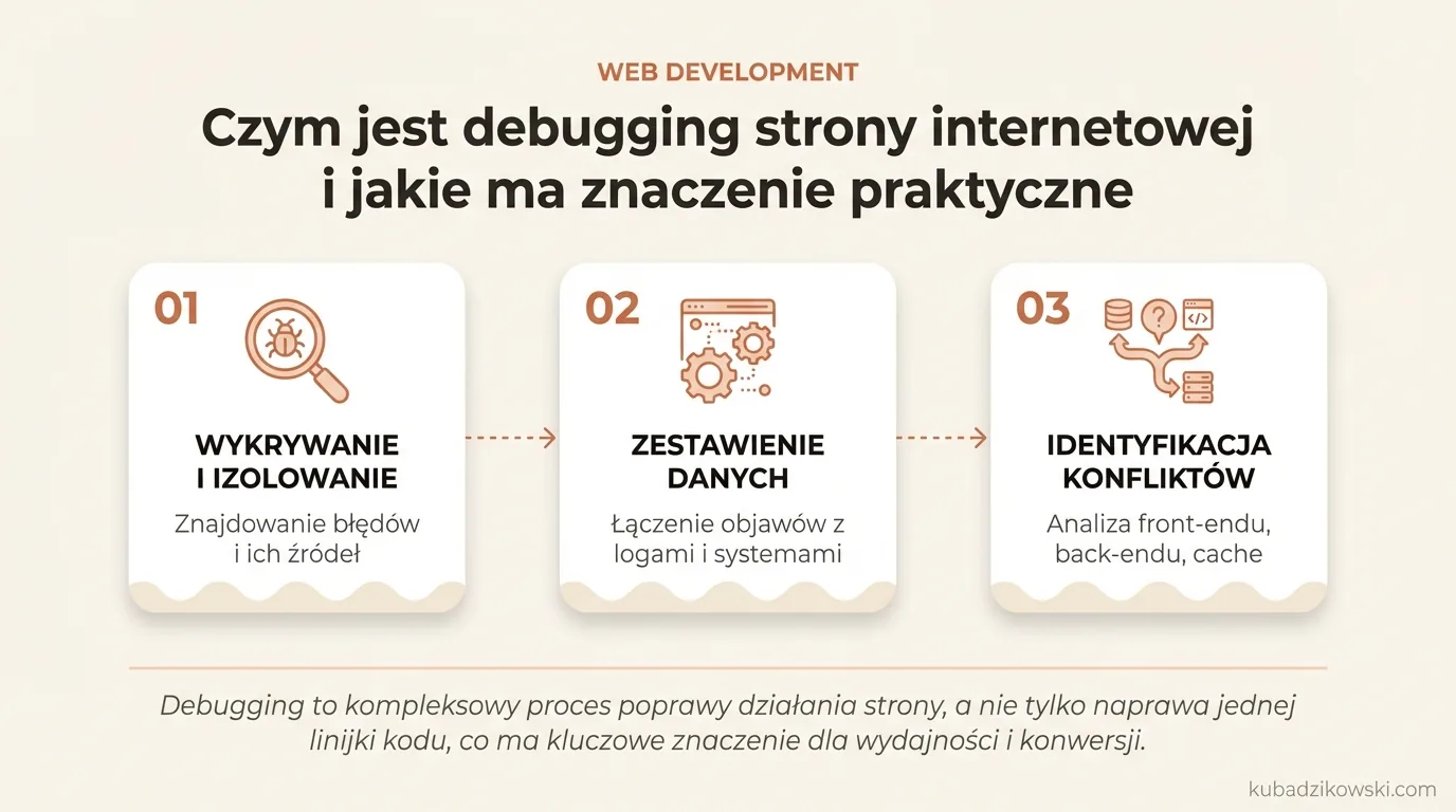 Infografika: debugging stron to proces wykrywania i naprawiania błędów, które wpływają na funkcjonowanie witryny.