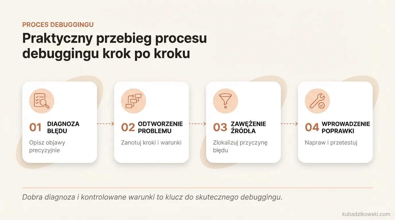 Infografika: Praktyczny przebieg procesu debuggingu krok po kroku