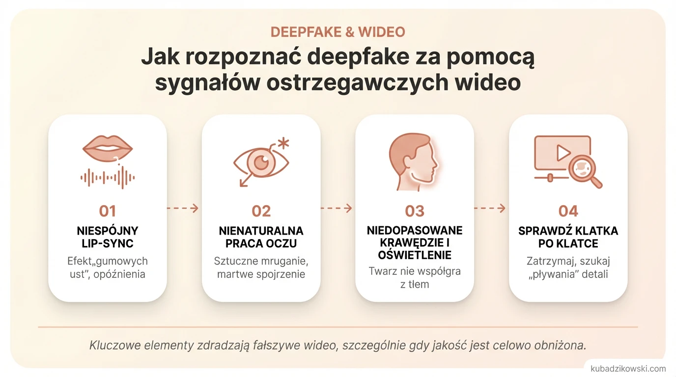 Infografika: 5 wskazówek jak rozpoznać deepfake'a w wideo po niespójnościach ruchu ust, oczu, oświetlenia i krawędzi.