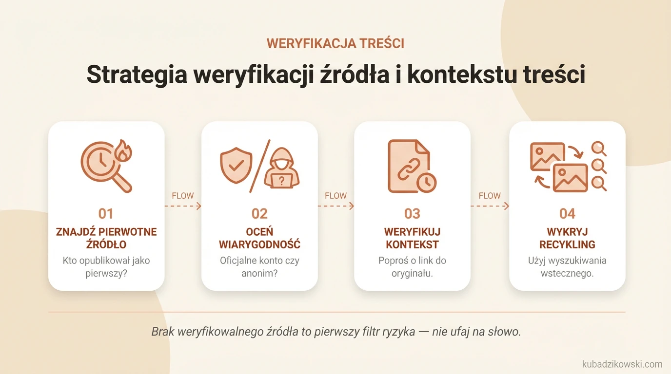 Infografika: Weryfikacja źródła i kontekstu treści, sprawdzanie oryginalności i wiarygodności publikacji.