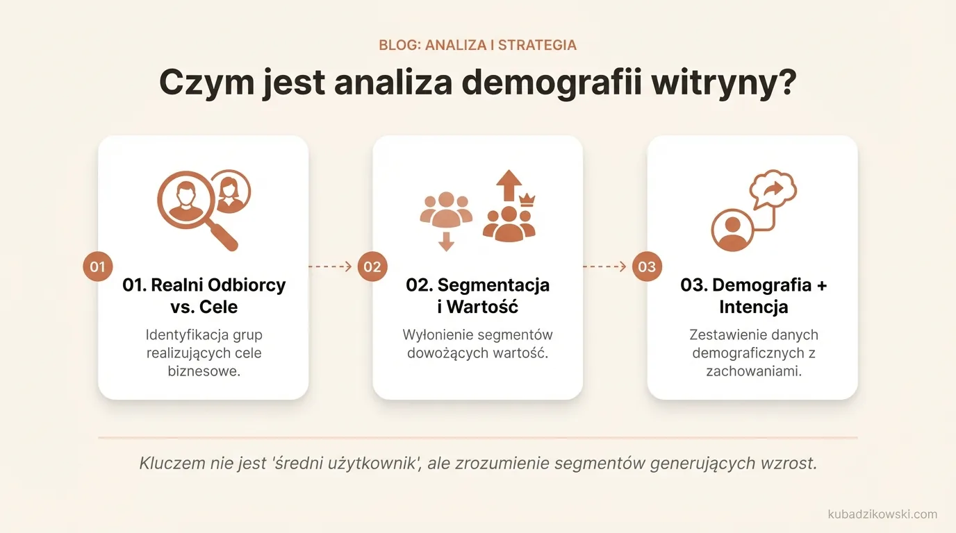 Infografika przedstawia analizę demografii witryny: wyłanianie segmentów użytkowników, które dowożą wartość lub hamują wzrost.