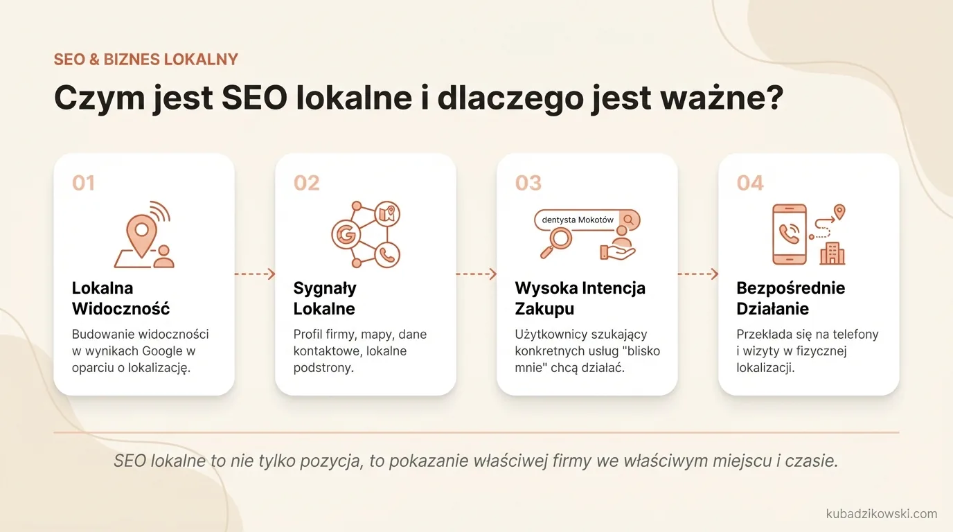 Infografika wyjaśnia SEO lokalne: zwiększa widoczność firmy w wynikach lokalnych, obejmuje profil Google, mapy i dane kontaktowe.