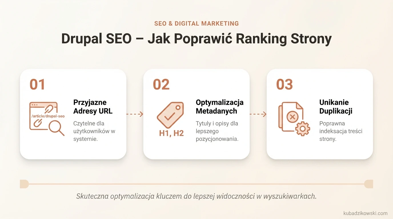 Infografika: Drupal SEO - przewodnik, jak optymalizować stronę pod kątem wyszukiwarek.