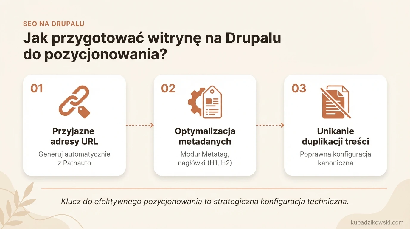 Infografika: pozycjonowanie Drupal. Kluczowe elementy SEO: konfiguracja, adresy URL i inne.