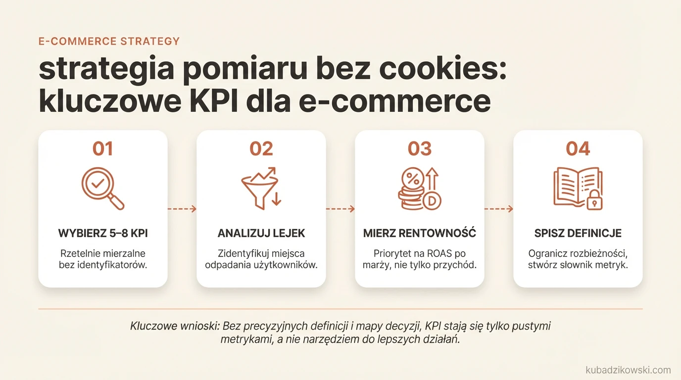 Infografika o kluczowych KPI dla e-commerce bez plików cookie, w tym mierzeniu kanałów i śledzeniu lejków.