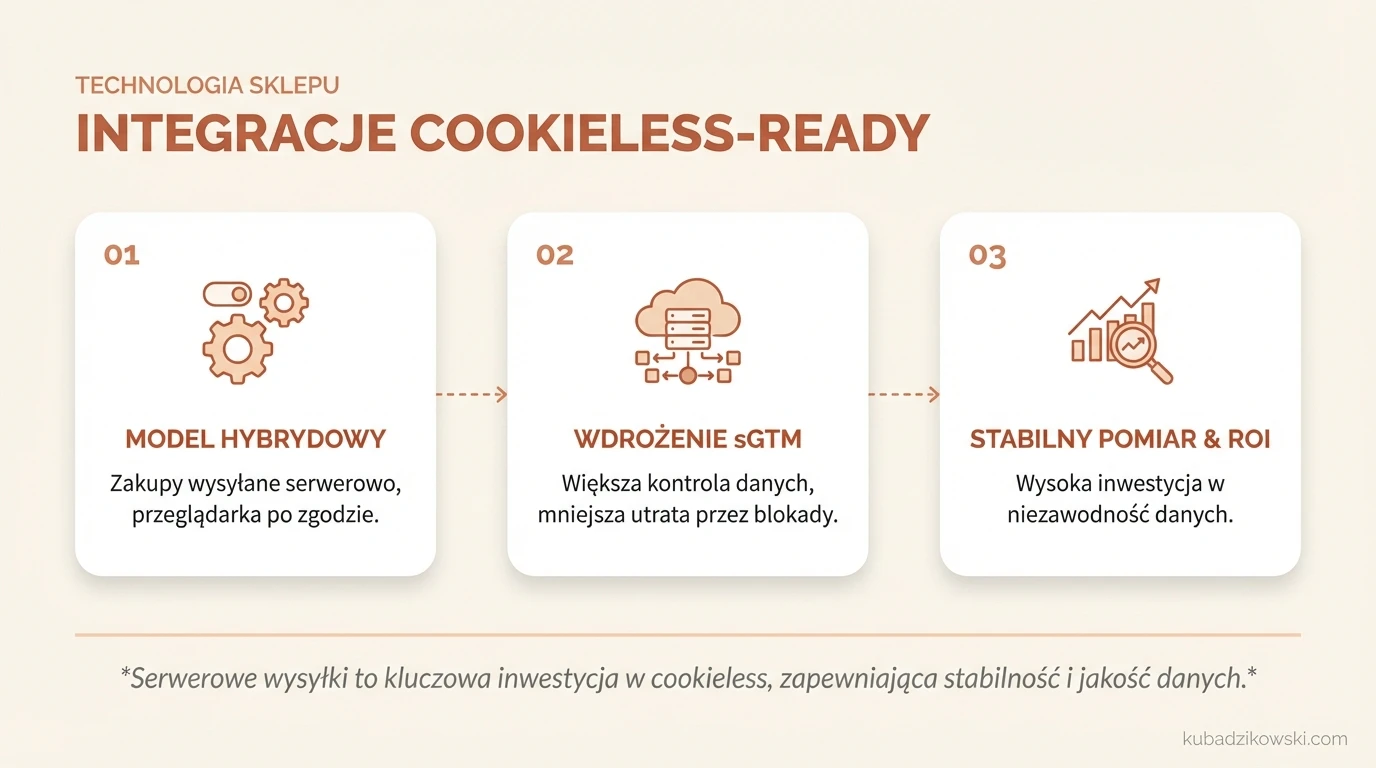 Infografika: model hybrydowy integracji cookieless-ready w e-commerce (serwerowo-przeglądarkowo), GTM i Stape.