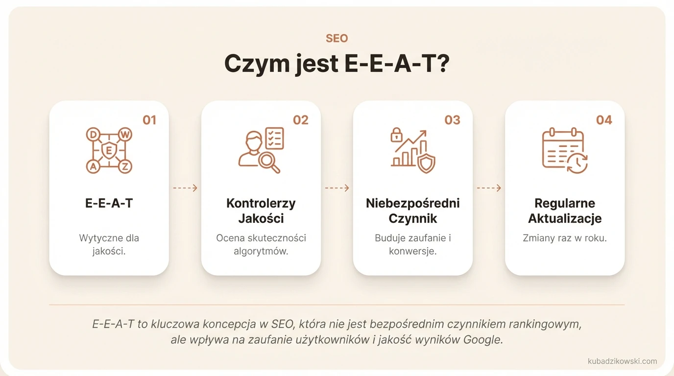 Infografika wyjaśniająca E-E-A-T (Doświadczenie, Wiedza, Autorytet, Zaufanie) jako element wytycznych Google dla kontrolerów jakości.